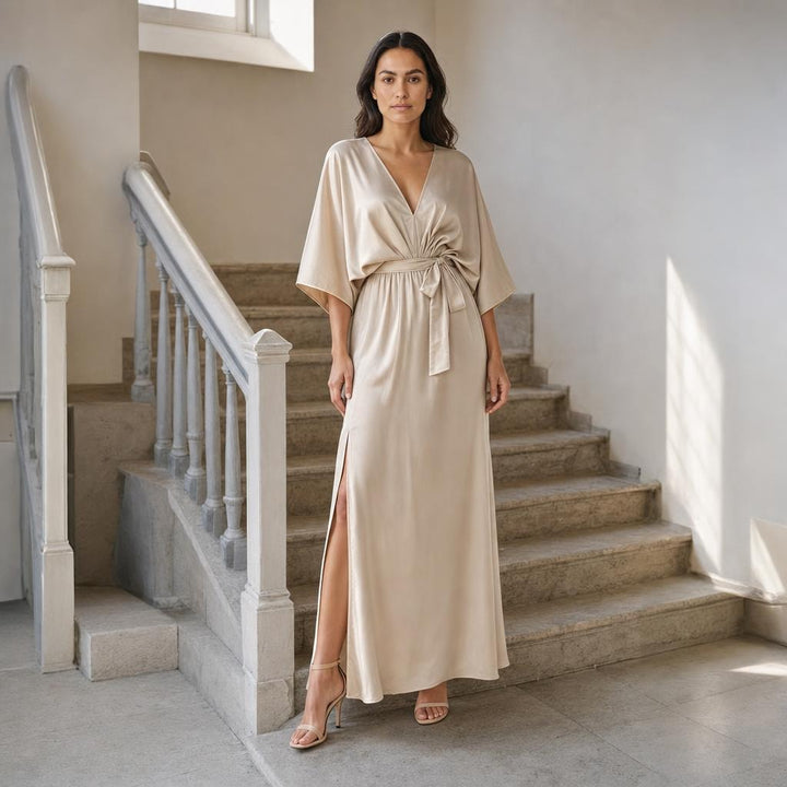 Women's V Neck Belted Maxi Dress in Beige, front view