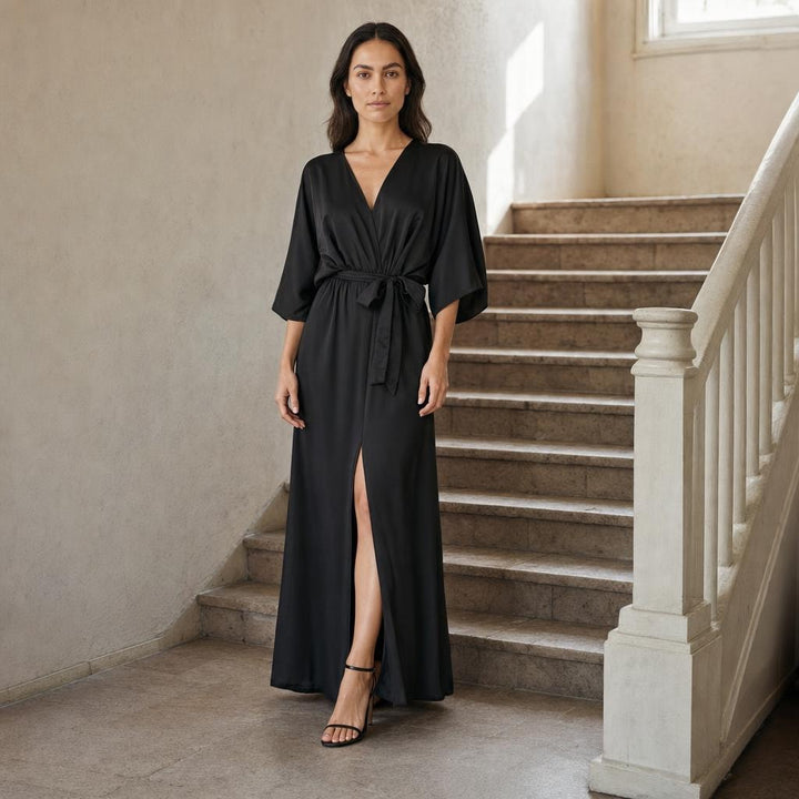 Women's V Neck Belted Maxi Dress in Black, front view