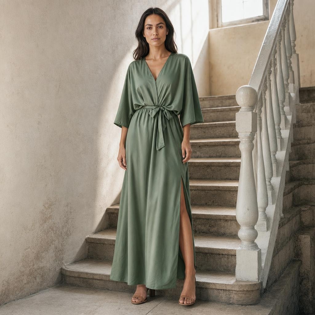Women's V Neck Belted Maxi Dress in Green, front view
