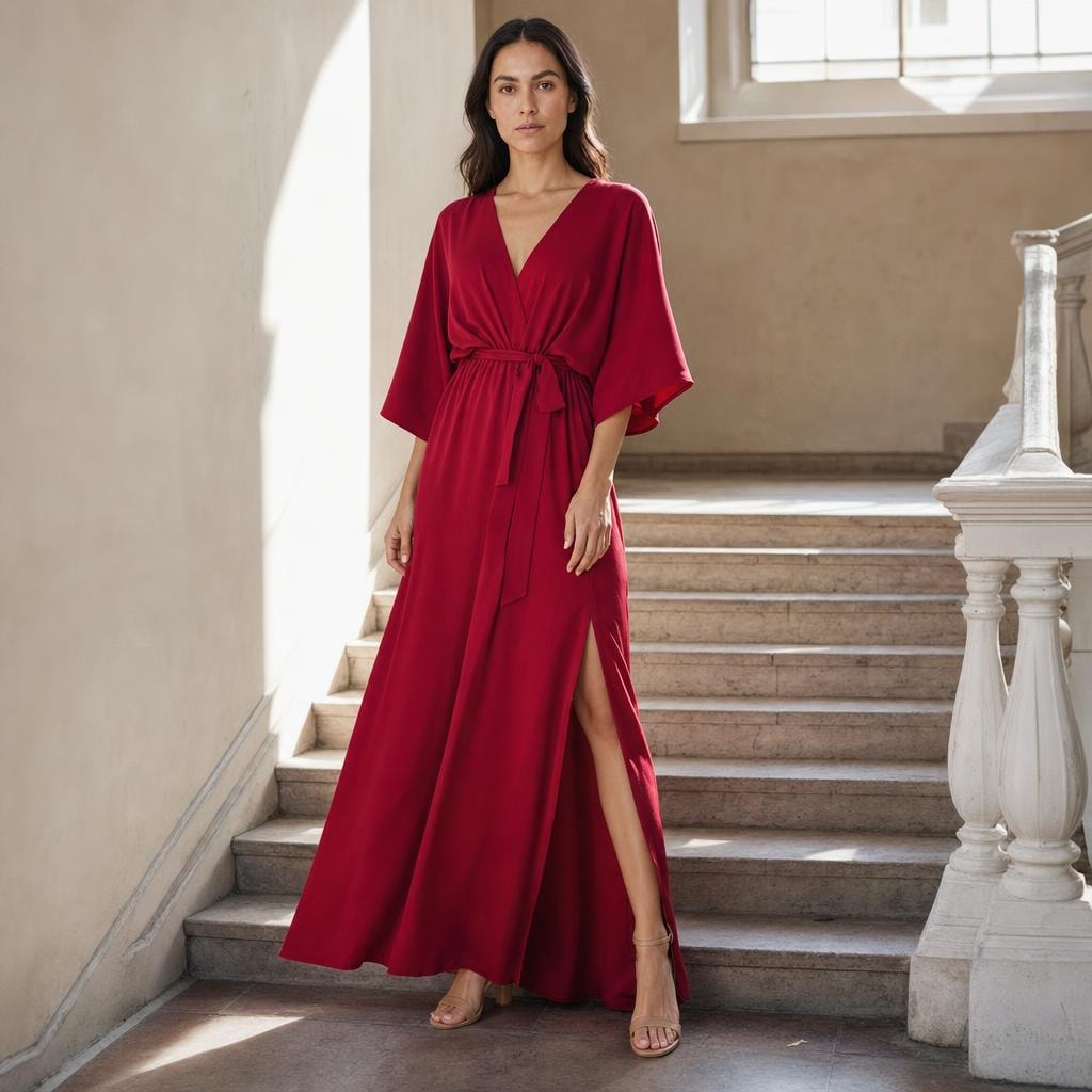 Women's V Neck Belted Maxi Dress in Red, front view