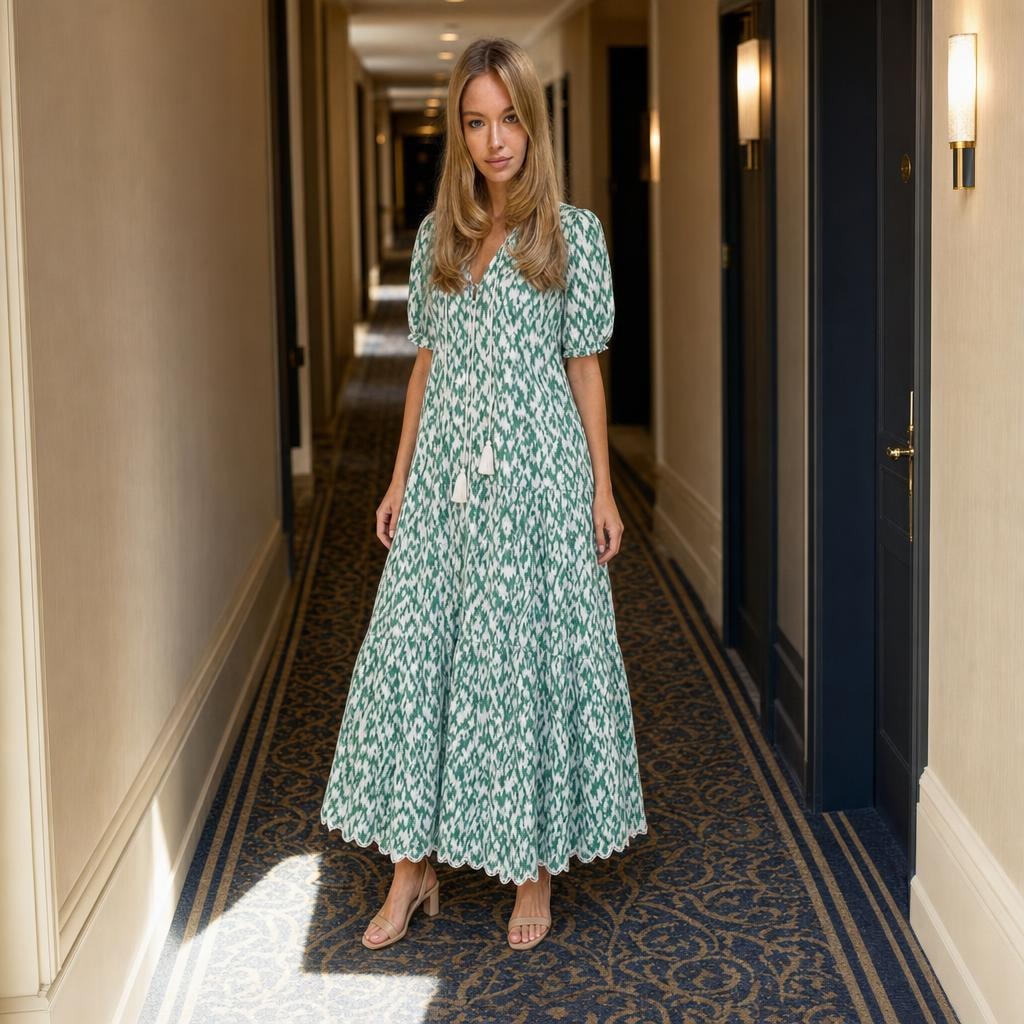 Women's Boho Long Sleeve Maxi Dress in Green, front view