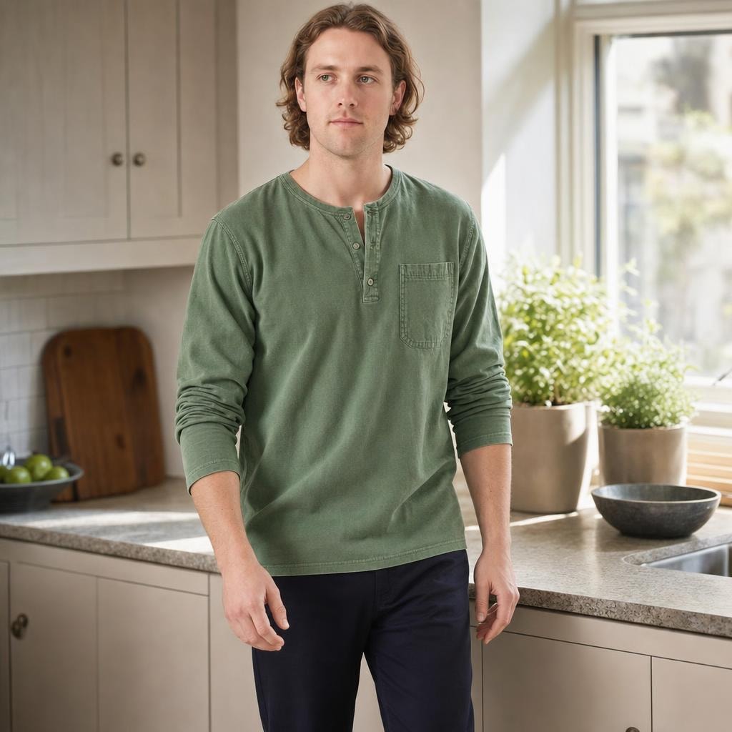Men's Henley Long Sleeve Shirt in Army Green, front view