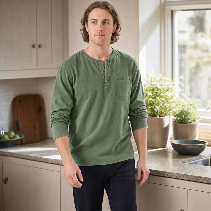 Men's Henley Long Sleeve Shirt in Army Green, front view
