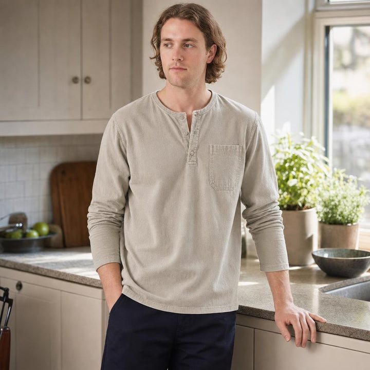 Men's Henley Long Sleeve Shirt in Beige, front view