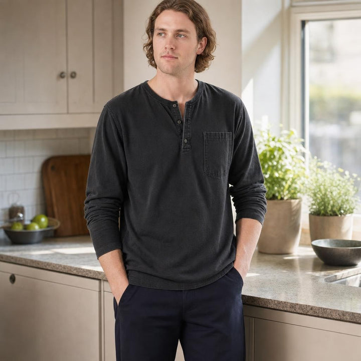 Men's Henley Long Sleeve Shirt in Black, front view