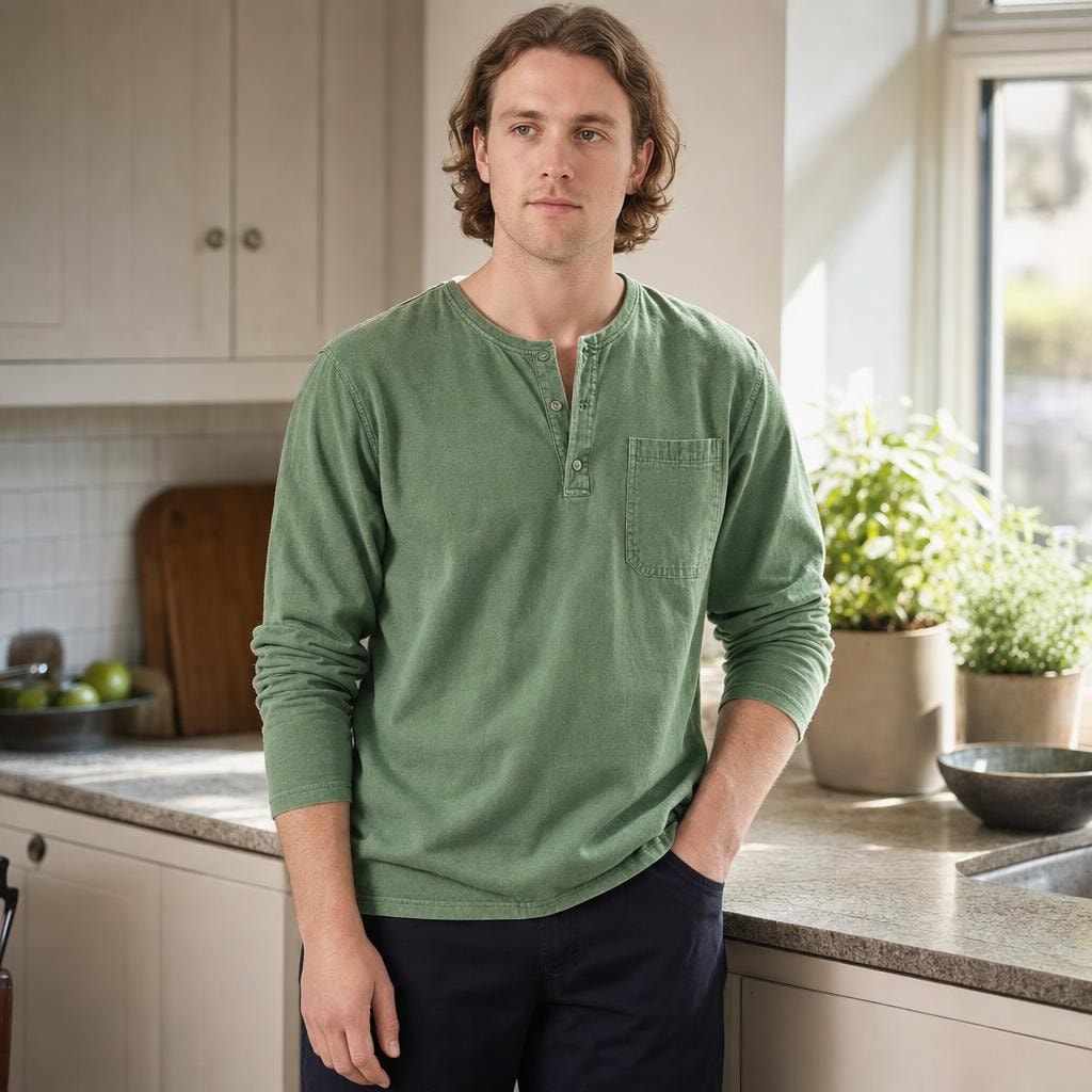 Men's Henley Long Sleeve Shirt in Green, front view