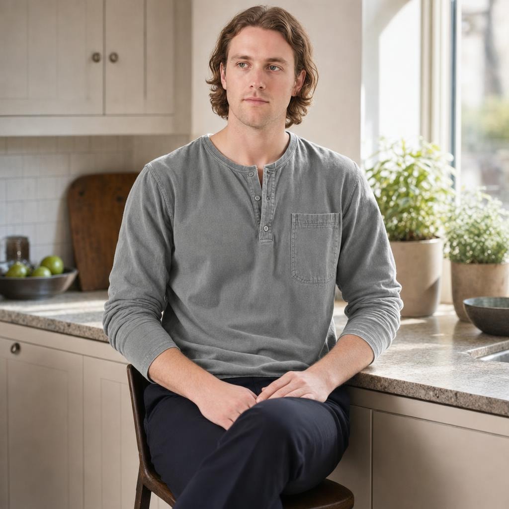Men's Henley Long Sleeve Shirt in Grey, front view