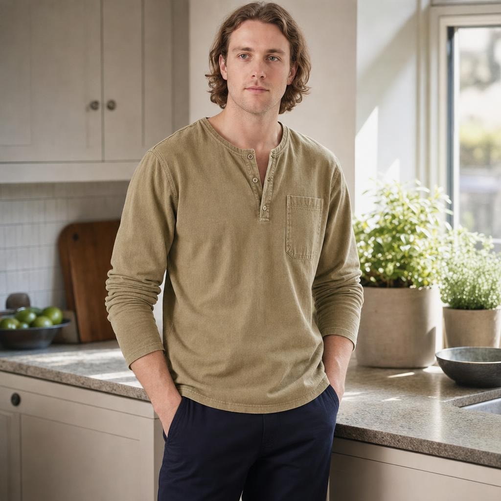 Men's Henley Long Sleeve Shirt in Khaki, front view