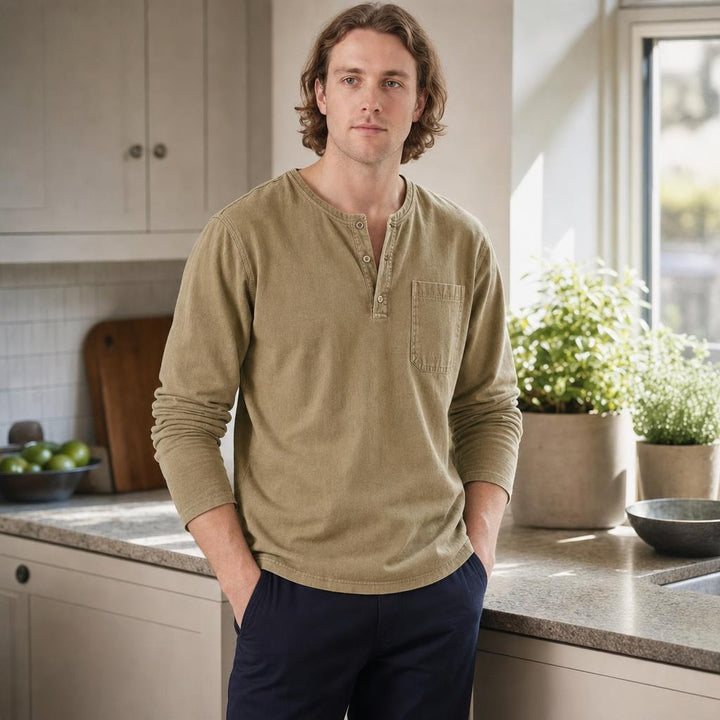 Men's Henley Long Sleeve Shirt in Khaki, front view