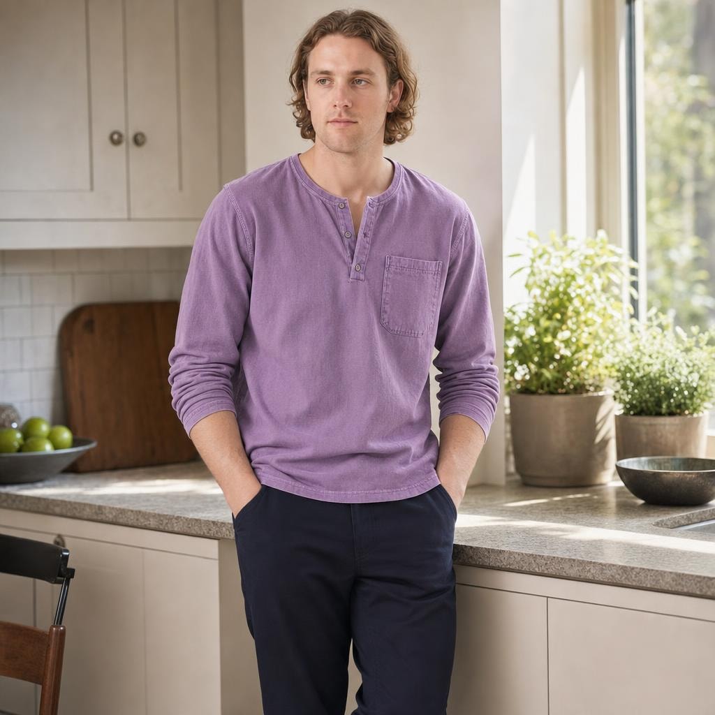 Men's Henley Long Sleeve Shirt in Purple, front view