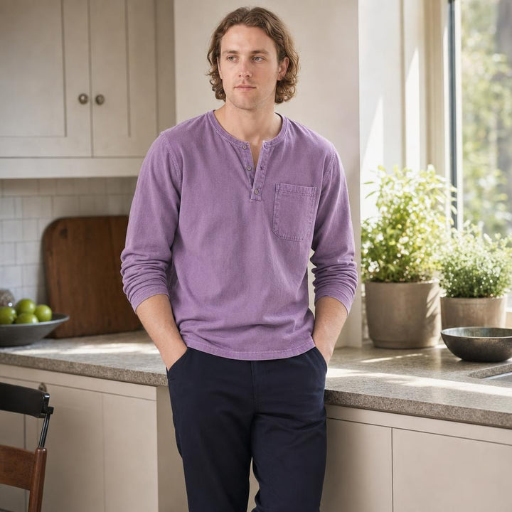 Men's Henley Long Sleeve Shirt in Purple, front view