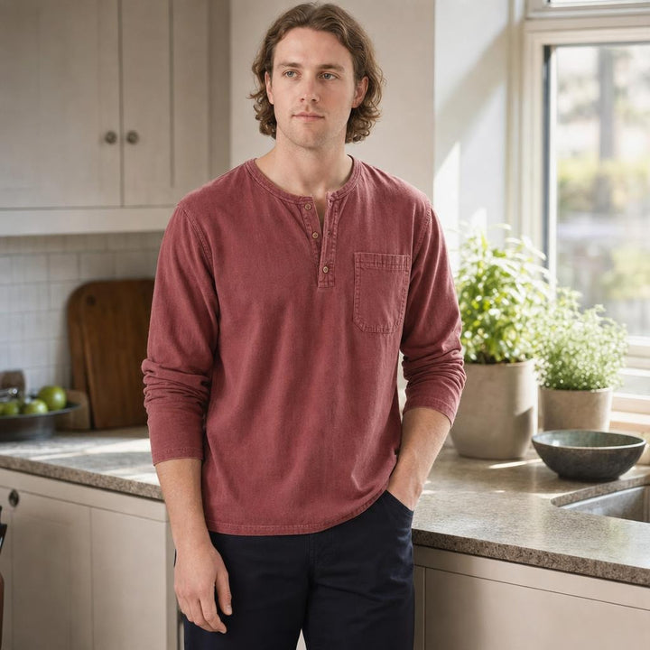 Men's Henley Long Sleeve Shirt in Red, front view