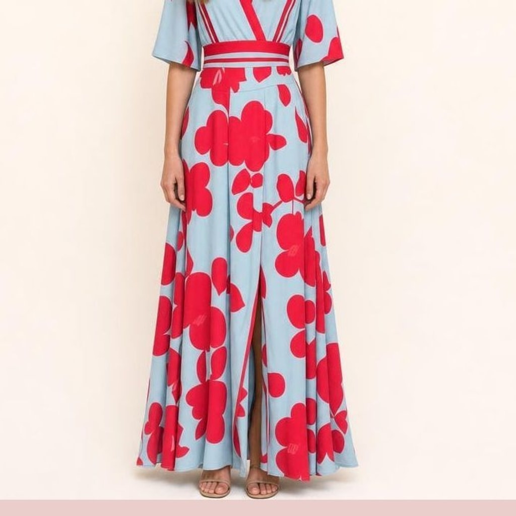 Women's V Neck Long Floral Dress in Red, front view