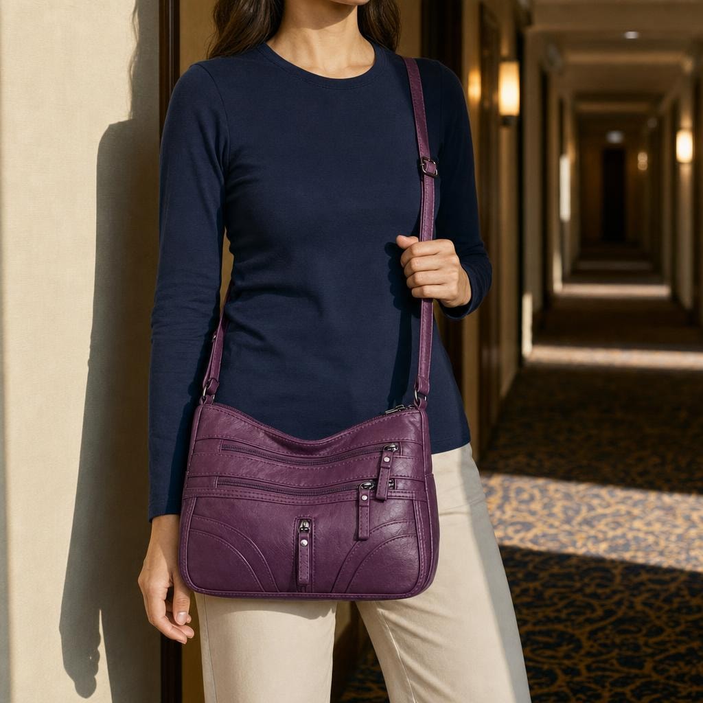 Women's Multi Pocket Crossbody Bag in Purple, front view
