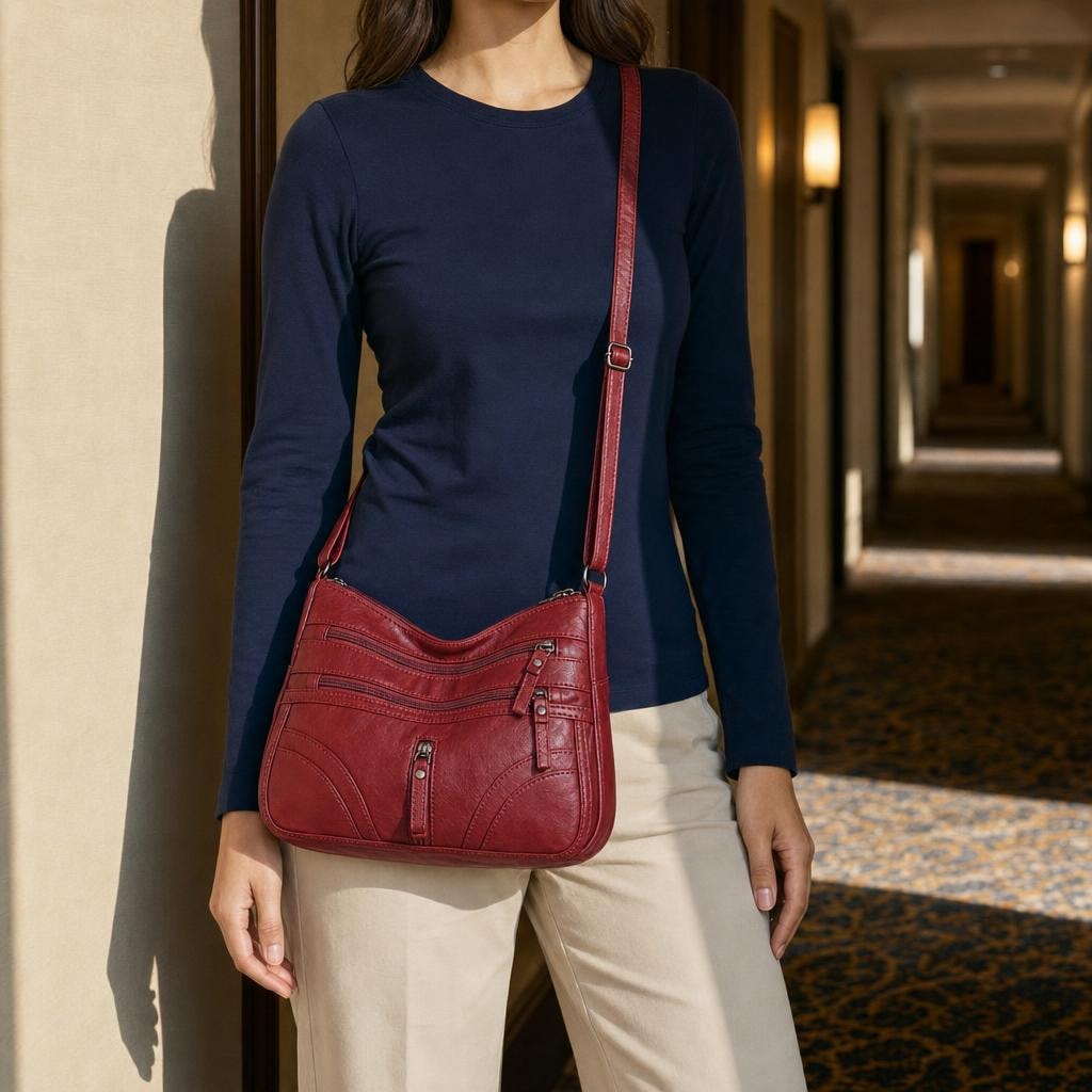 Women's Multi Pocket Crossbody Bag in Red, front view