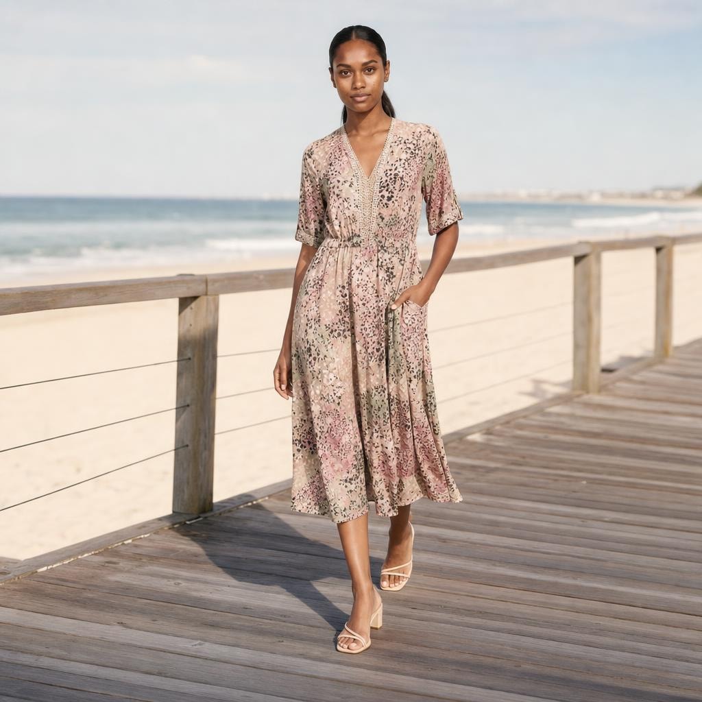 Women's Floral Midi Long Sleeve Dress in Blush Pink (Almost sold out), front view