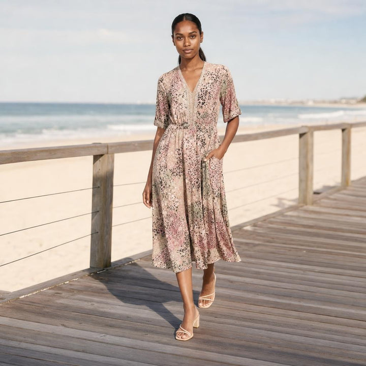 Women's Floral Midi Long Sleeve Dress in Blush Pink (Almost sold out), front view