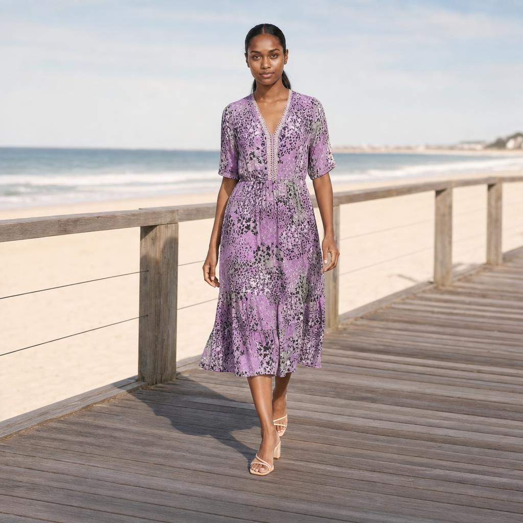 Women's Floral Midi Long Sleeve Dress in Lavender Purple, front view