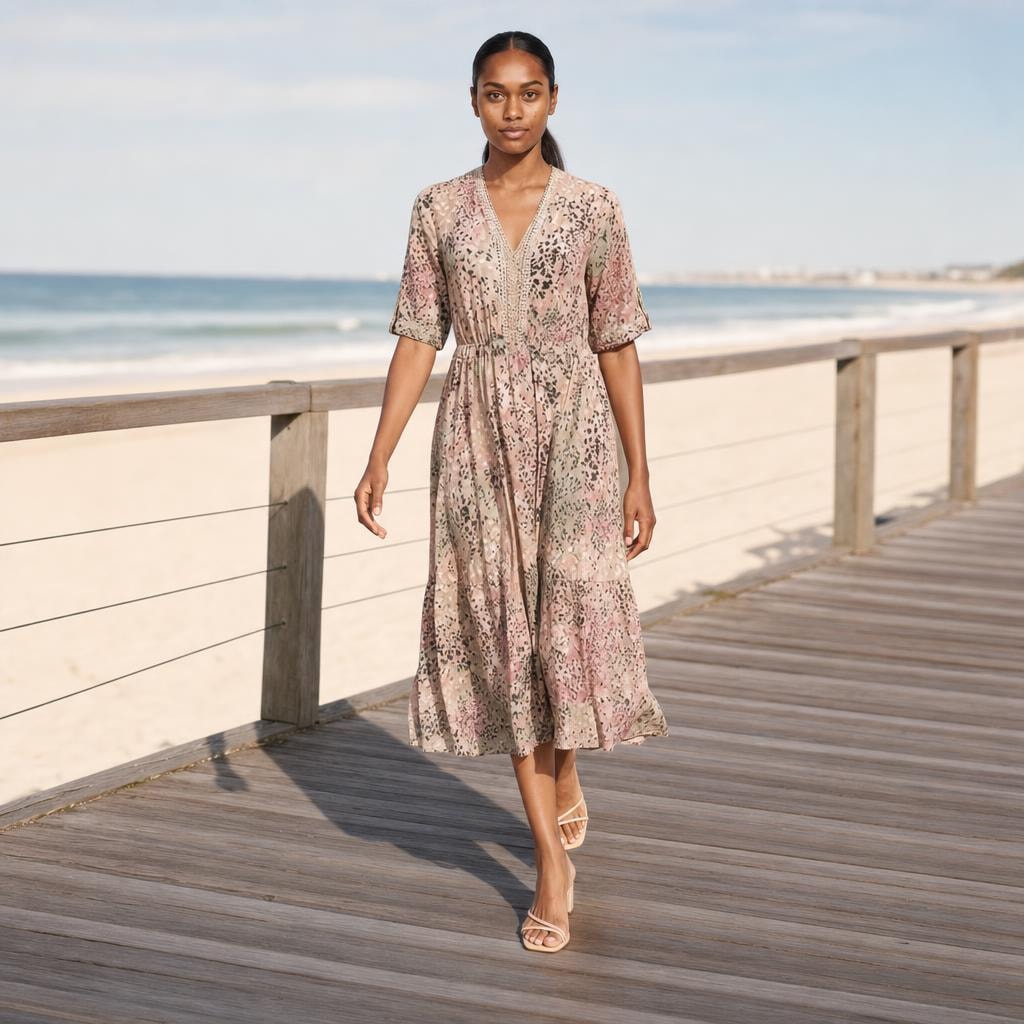 Women's Floral Midi Long Sleeve Dress in Ocean Blue (Almost sold out), front view