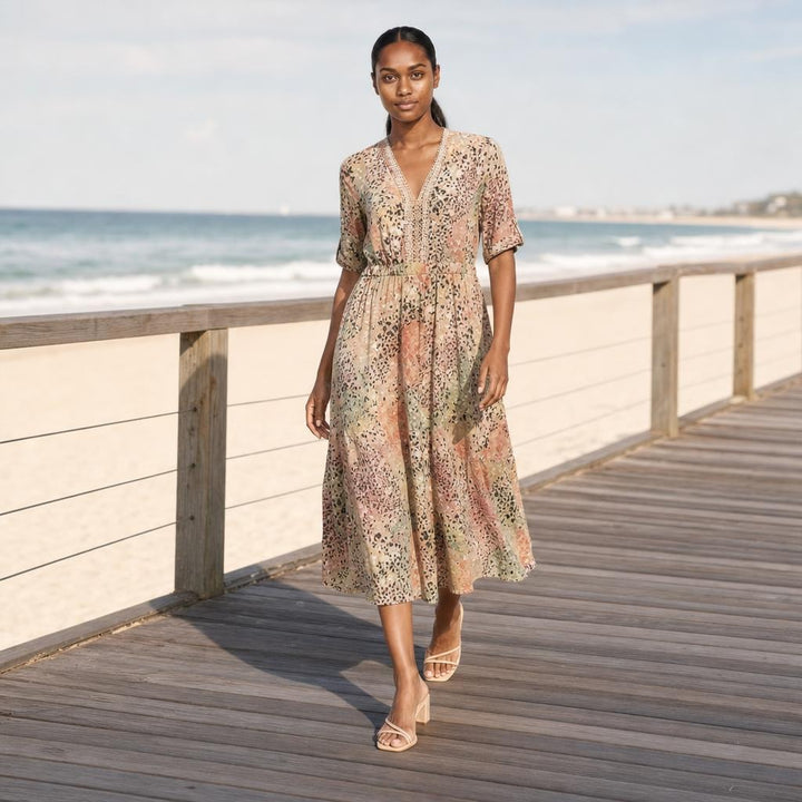 Women's Floral Midi Long Sleeve Dress in Sandy Beige (Almost sold out), front view
