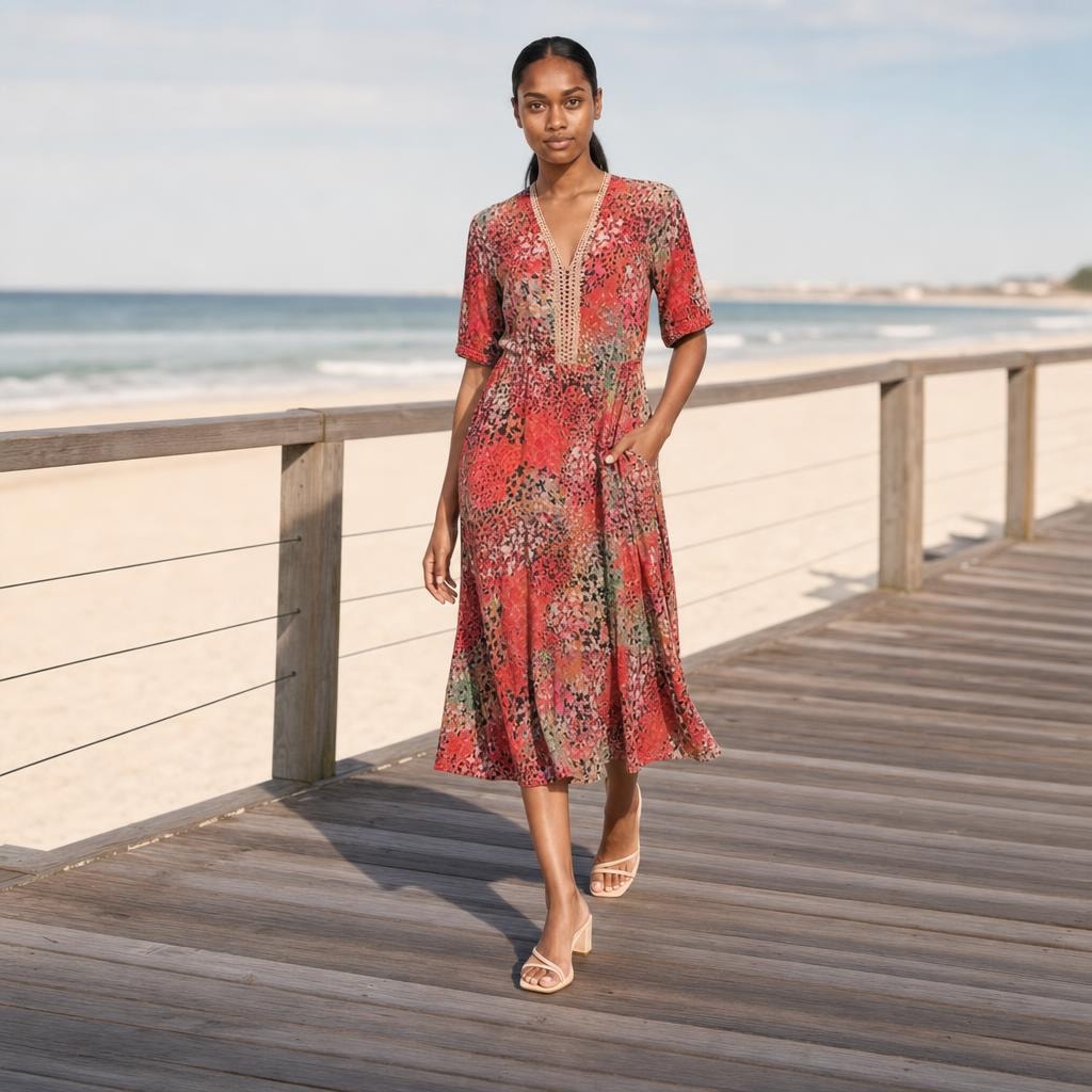 Women's Floral Midi Long Sleeve Dress in Scarlet Red, front view