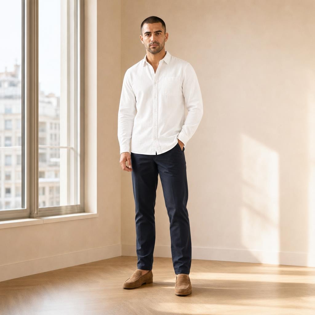 Men's Casual Full Sleeve Shirt in White, front view