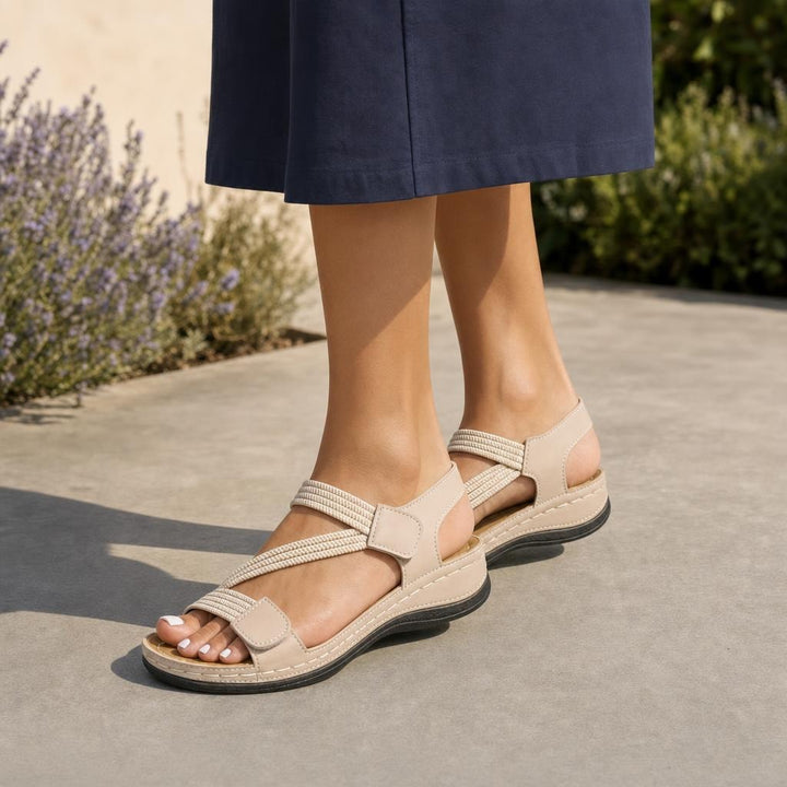 Women's Ankle Strap Walking Sandals in Beige, front view
