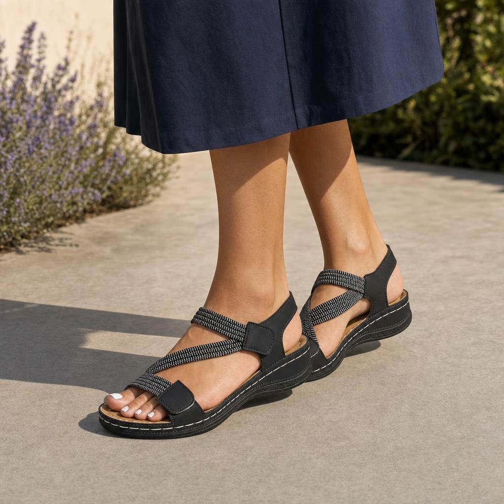 Women's Ankle Strap Walking Sandals in Black, front view