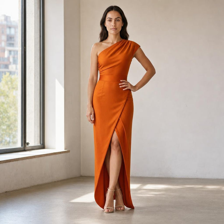 Women's One Shoulder Evening Maxi Dress in Orange, front view
