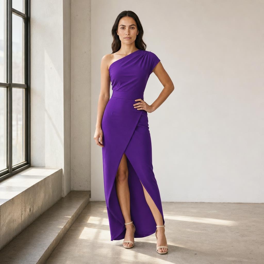 Women's One Shoulder Evening Maxi Dress in Purple, front view