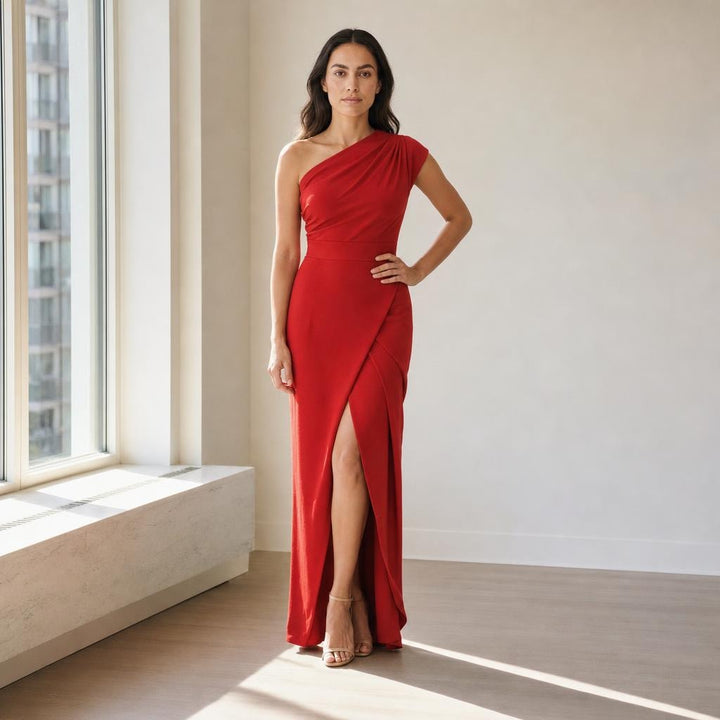 Women's One Shoulder Evening Maxi Dress in Red, front view