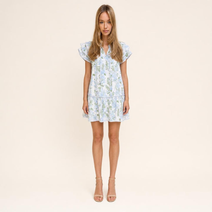 Women's Floral Puff Sleeve Mini Dress in Blue, front view