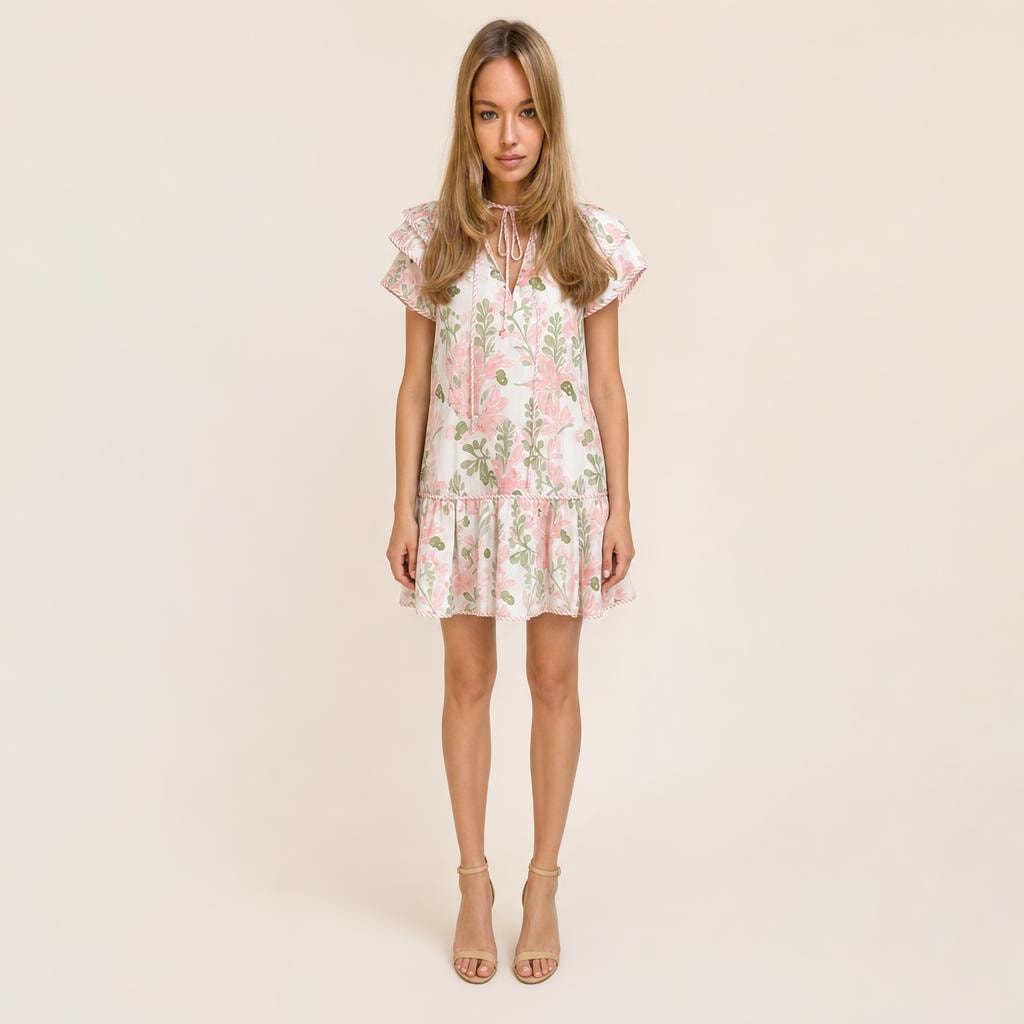 Women's Floral Puff Sleeve Mini Dress in Pink, front view