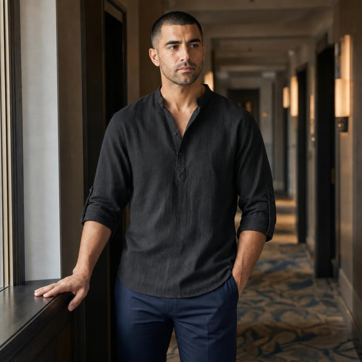 Men's Soft Cotton Short Sleeve Shirt in Black, front view