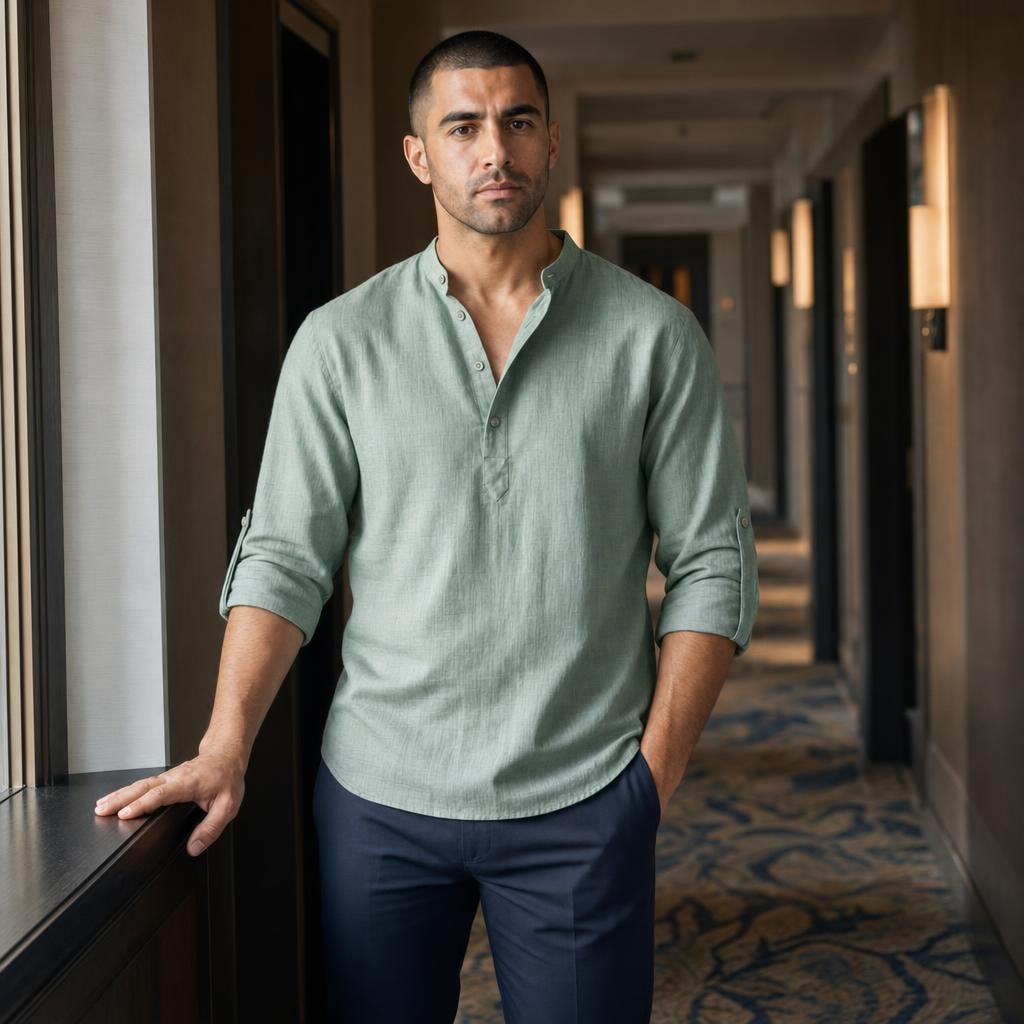 Men's Soft Cotton Short Sleeve Shirt in Khaki Green, front view