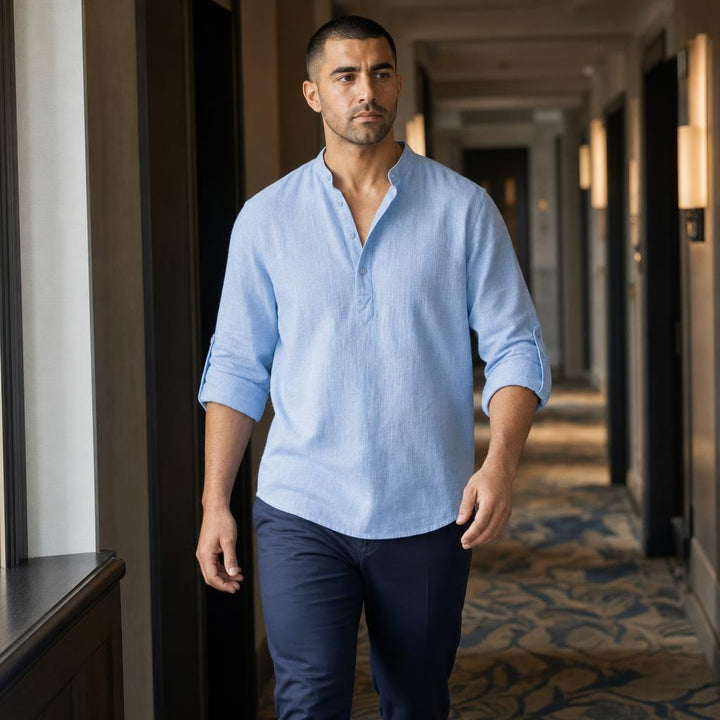 Men's Soft Cotton Short Sleeve Shirt in Light Blue, front view