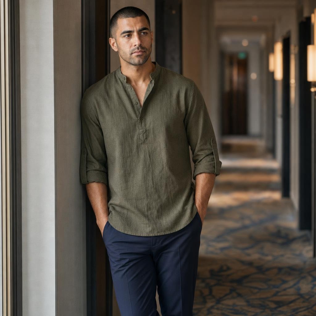 Men's Soft Cotton Short Sleeve Shirt in Military Green, front view