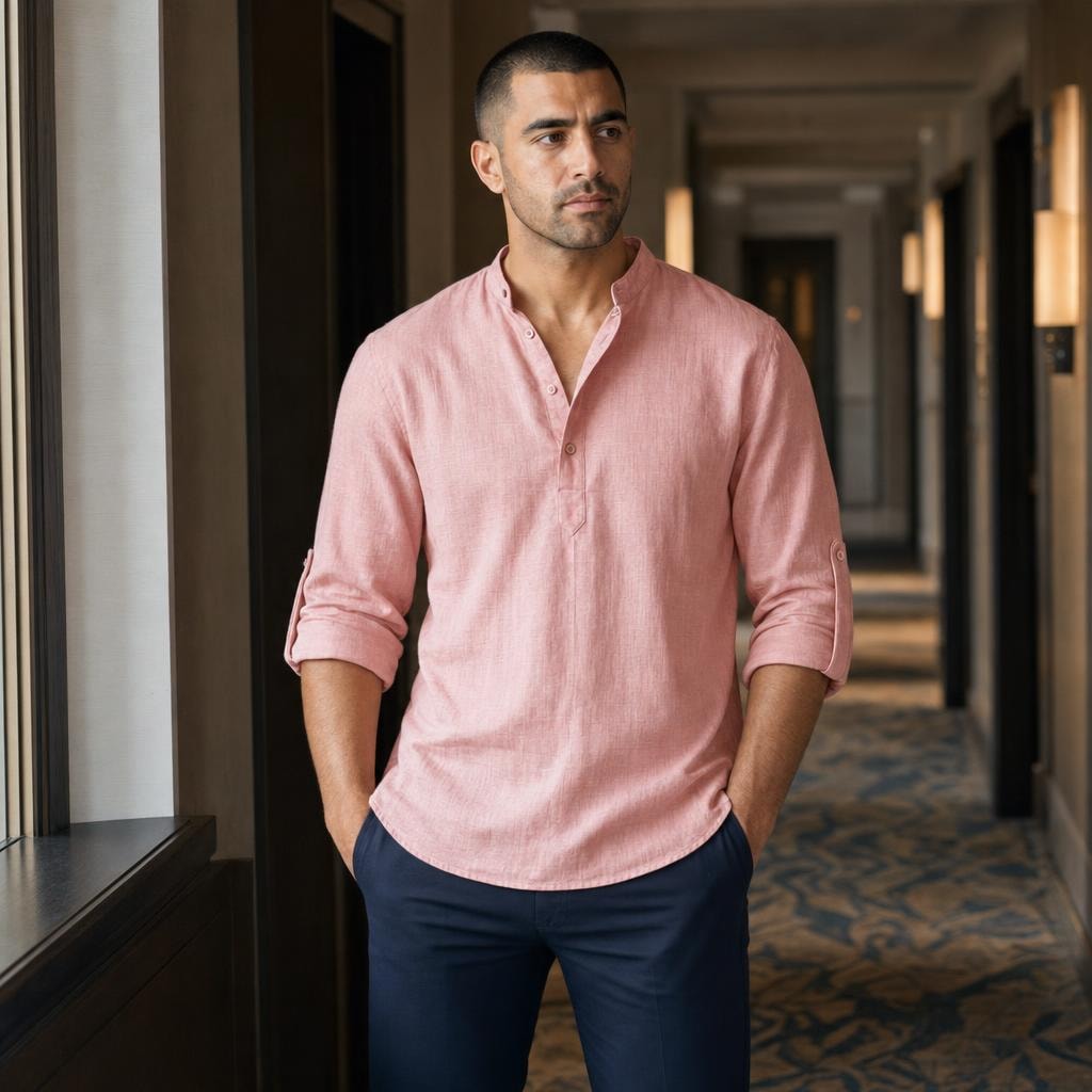 Men's Soft Cotton Short Sleeve Shirt in PEACH PINK, front view