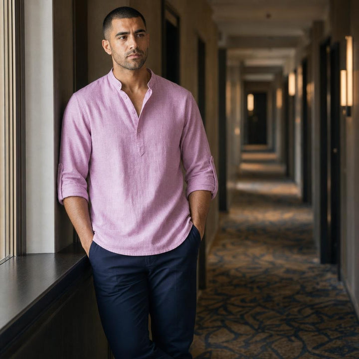 Men's Soft Cotton Short Sleeve Shirt in Pink, front view