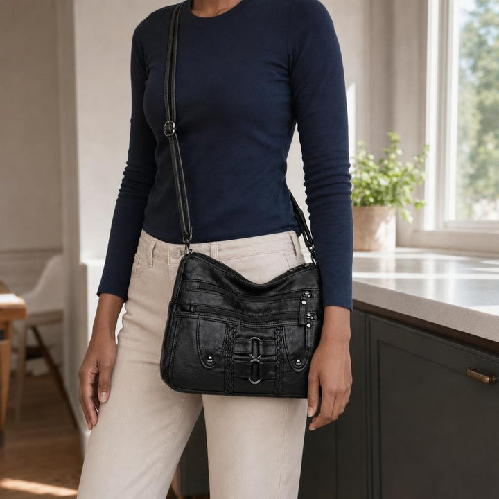 Women's PU Leather Crossbody Bag in Black, front view