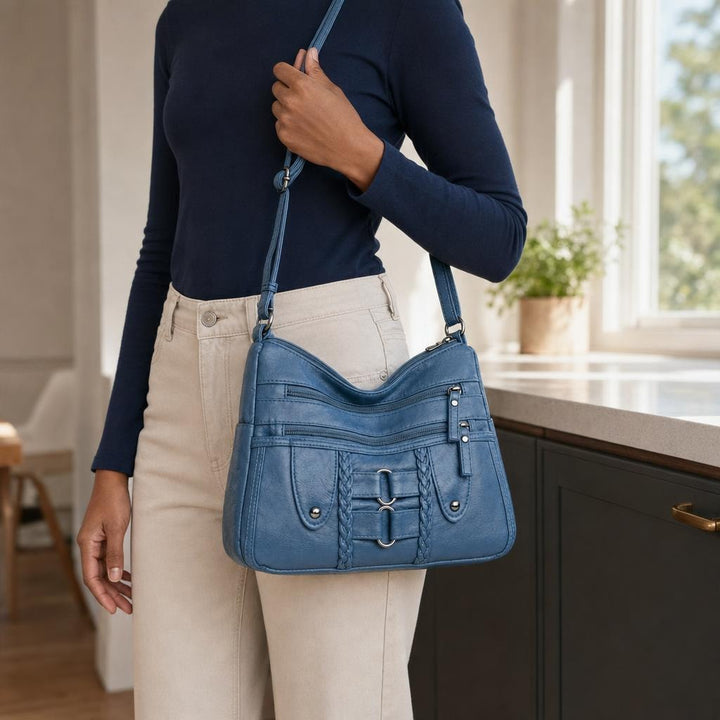 Women's PU Leather Crossbody Bag in Blue, front view