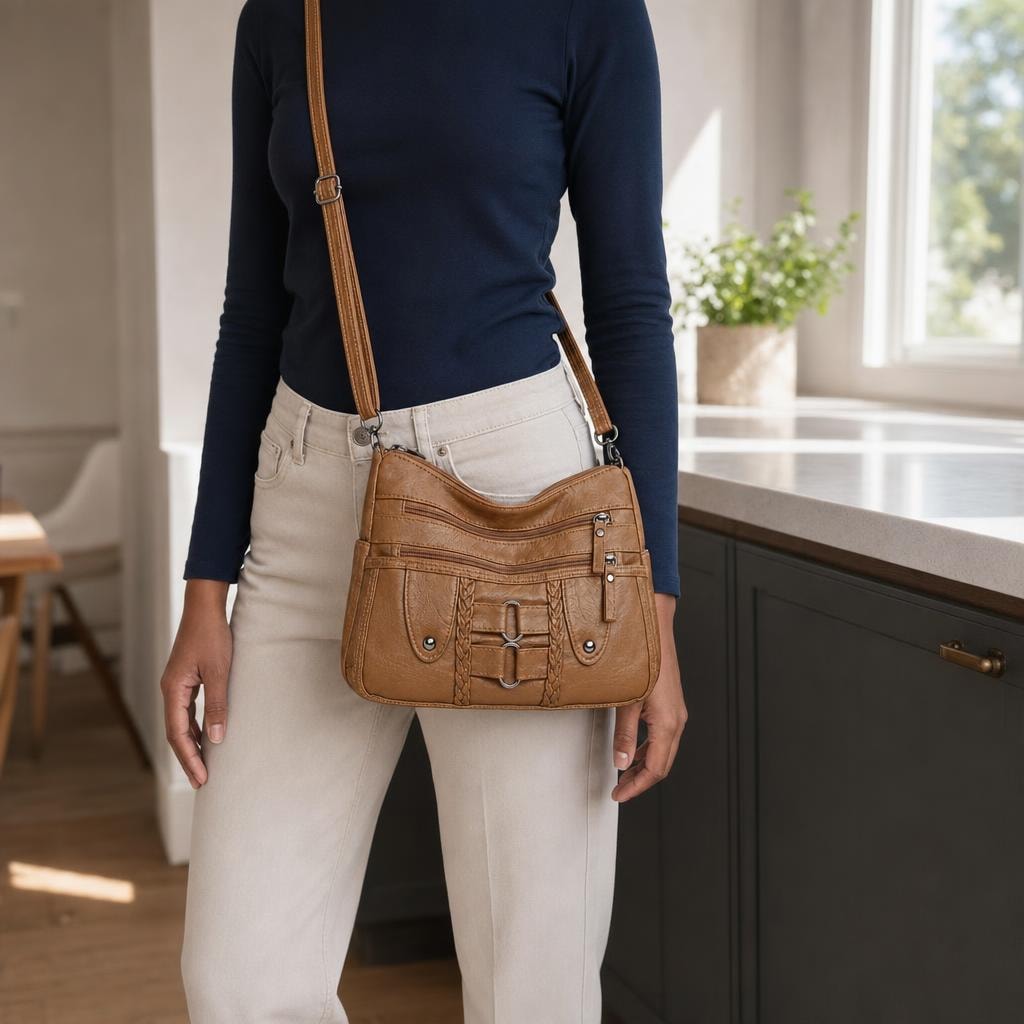 Women's PU Leather Crossbody Bag in Brown, front view