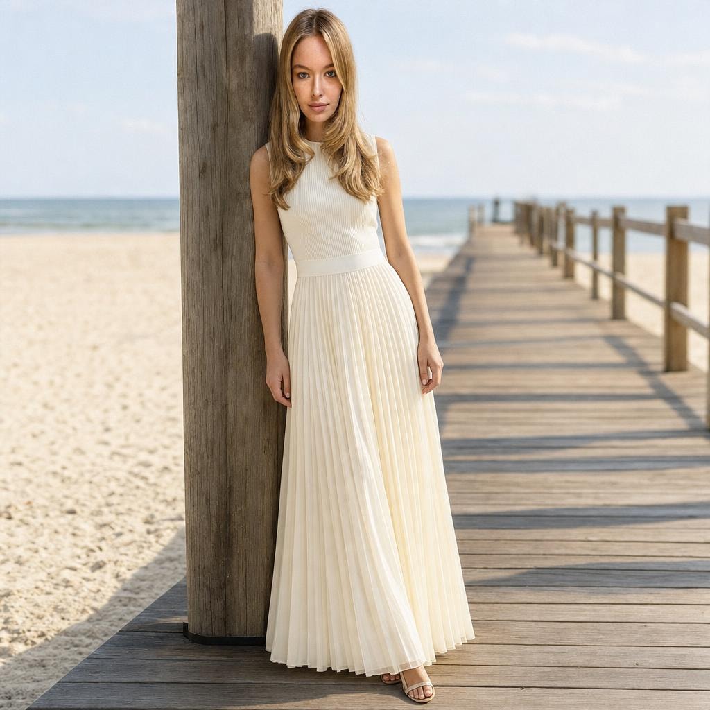 Women's Sleeveless Pleated Chiffon Maxi Dress in Cream, front view