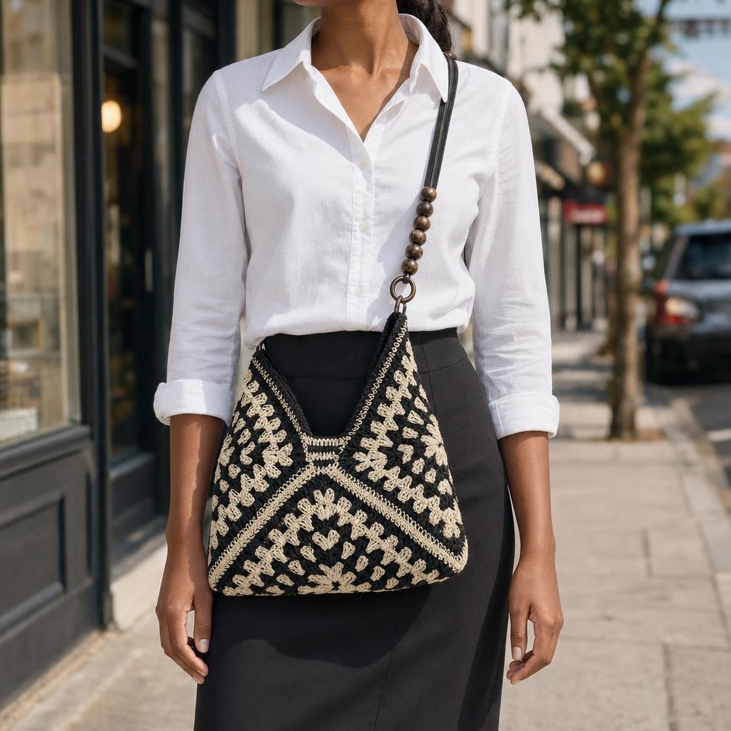 Women's Crochet Summer Tote Bag in Black, front view