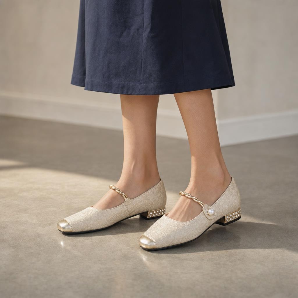 Women's Braided Mary Jane Shoes in Beige, front view