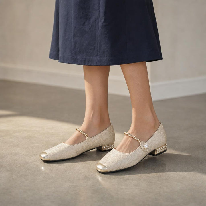 Women's Braided Mary Jane Shoes in Beige, front view
