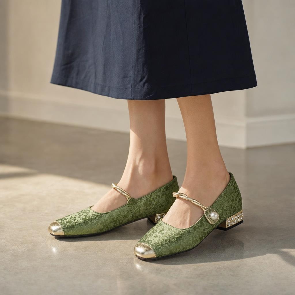 Women's Braided Mary Jane Shoes in Green, front view