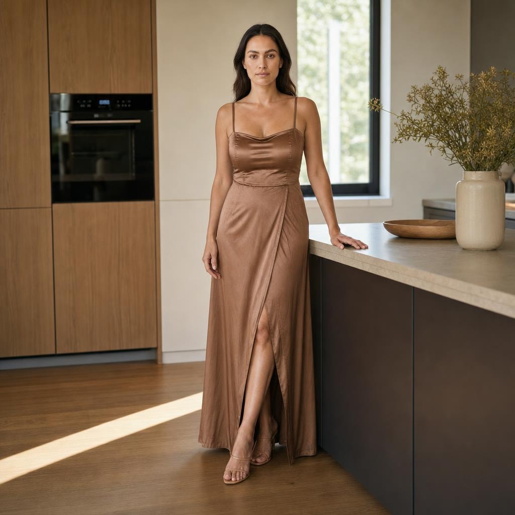 Women's Sleeveless Long Sleeve Maxi Dress in Brown, front view