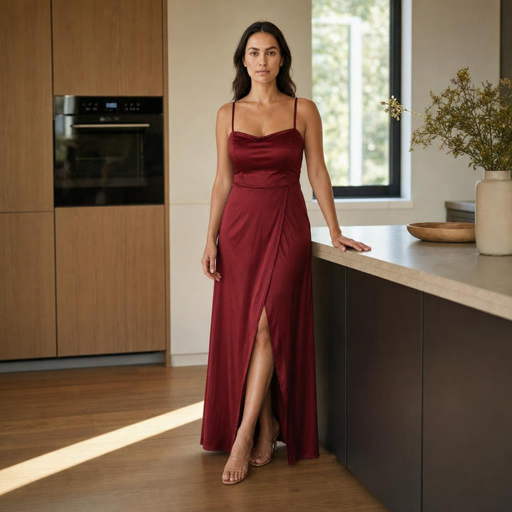 Women's Sleeveless Long Sleeve Maxi Dress in Red, front view