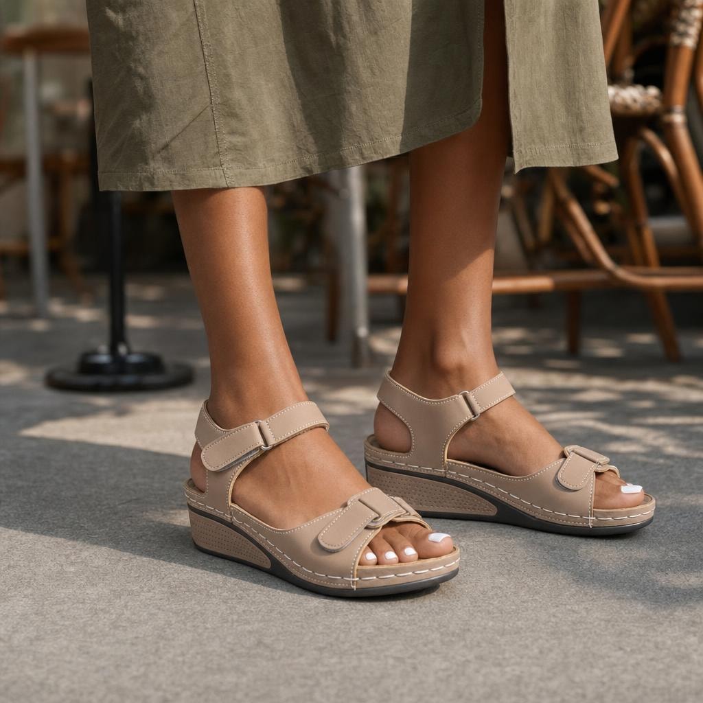 Women's Comfortable Ankle Strap Sandals in Beige, front view